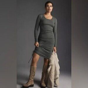 NWT T.La Anthropologie Long Sleeve Ruched Moss Green Dress Size Large